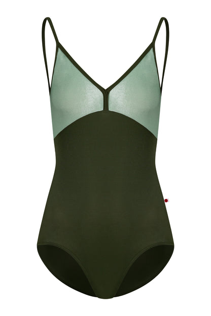 Daria leotard, mint crushed-velvet bodice and an olive-green body, V-neck with thin olive straps.