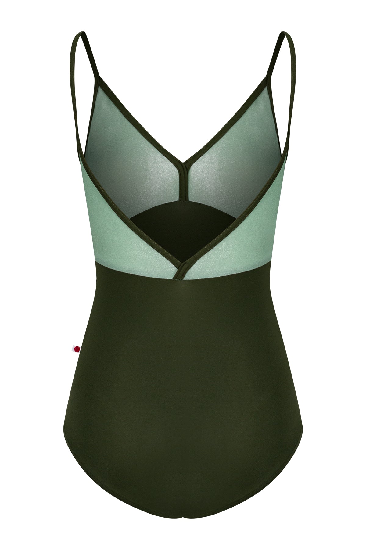 Daria leotard, mint crushed-velvet bodice and an olive-green body, V-neck with thin olive straps.