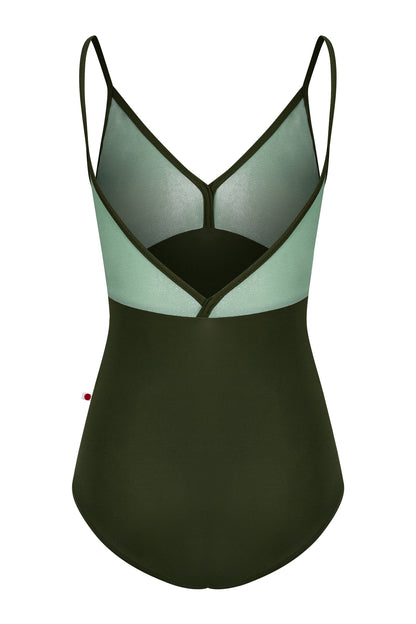 Daria leotard, mint crushed-velvet bodice and an olive-green body, V-neck with thin olive straps.