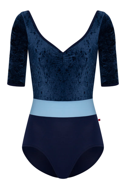 Lucy leotard, navy crushed-velvet elbow-sleeve bodice with a light-blue waistband and a navy body, V-neck.