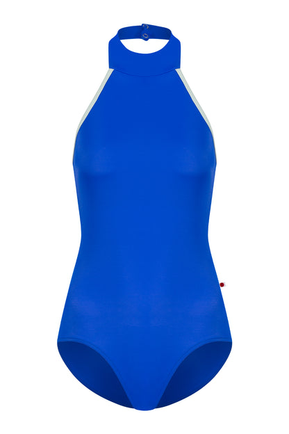 Sarah leotard, royal-blue with a high halter neck and pale-mint side trim.