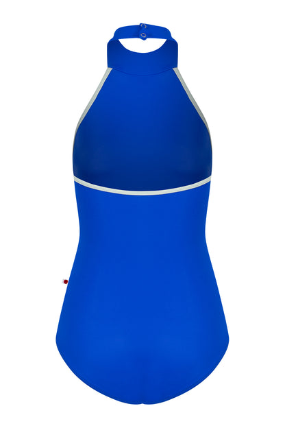 Sarah leotard, royal-blue with a high halter neck and pale-mint side trim.