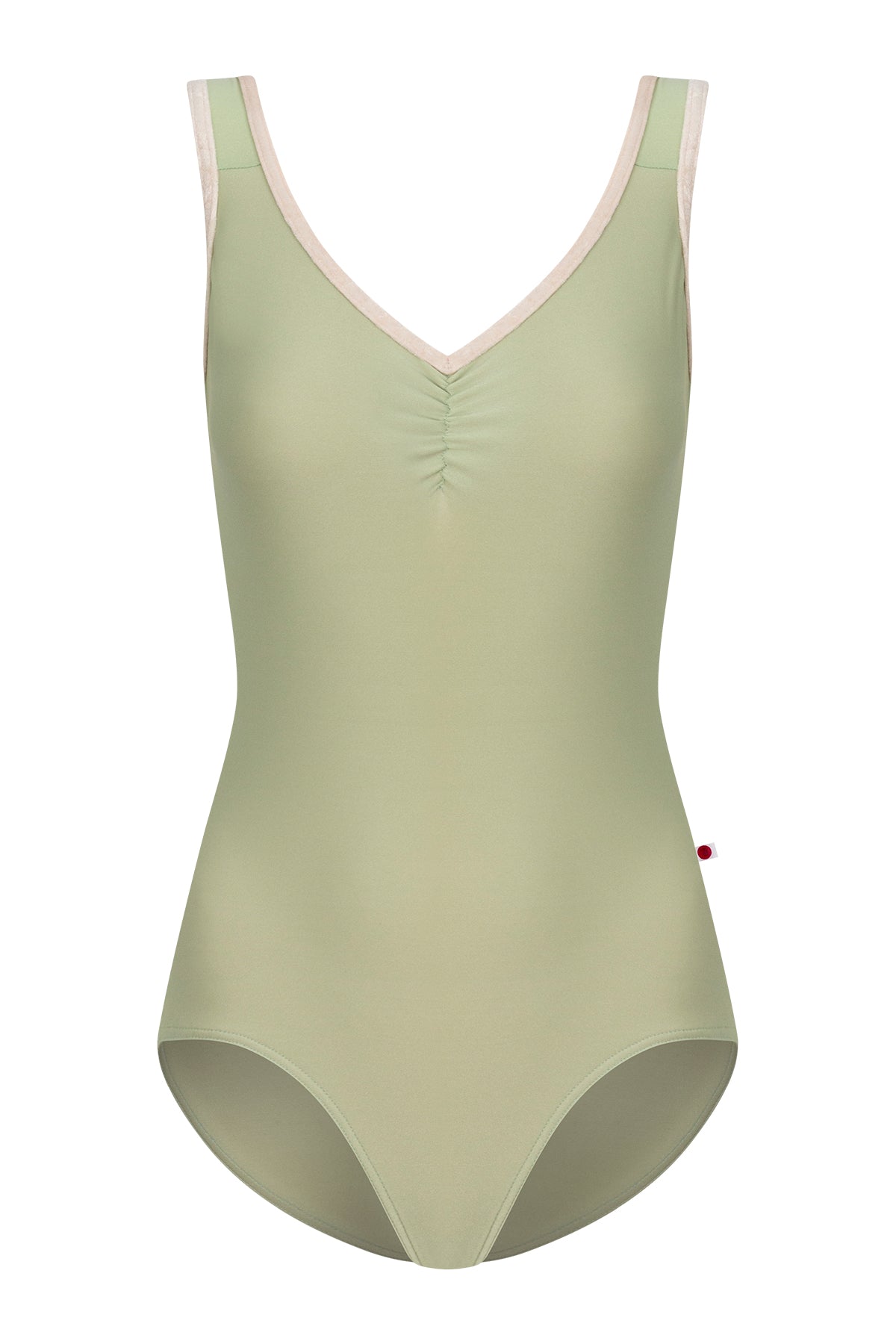 Tiffany leotard, sage-green with double straps in green and pink and a ruched V-neck.