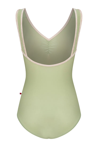 Tiffany leotard, sage-green with double straps in green and pink and a ruched V-neck.