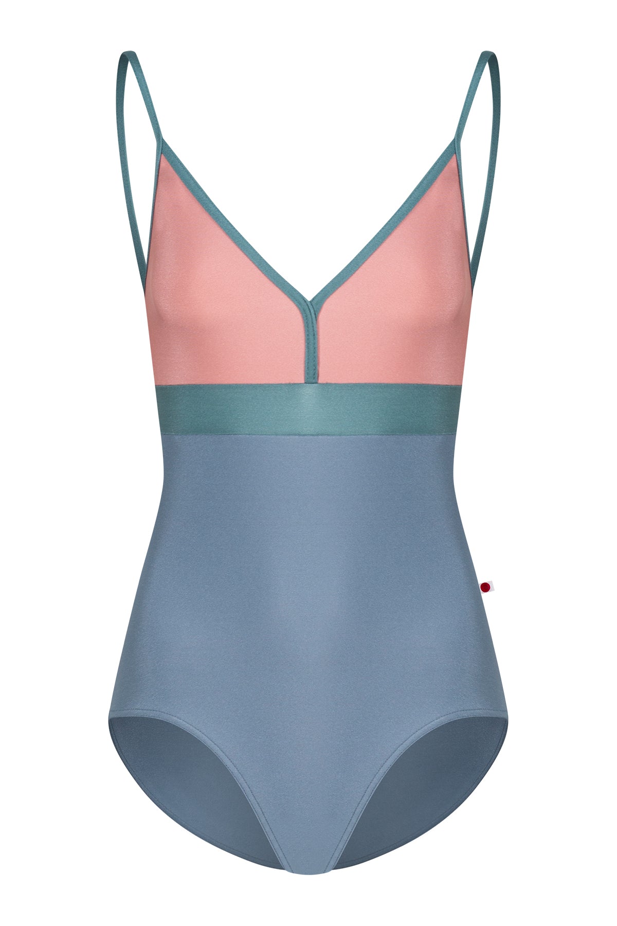 Zoe leotard, dusty-rose bust and blue-grey body with a teal waistband and thin teal straps, V-neck.