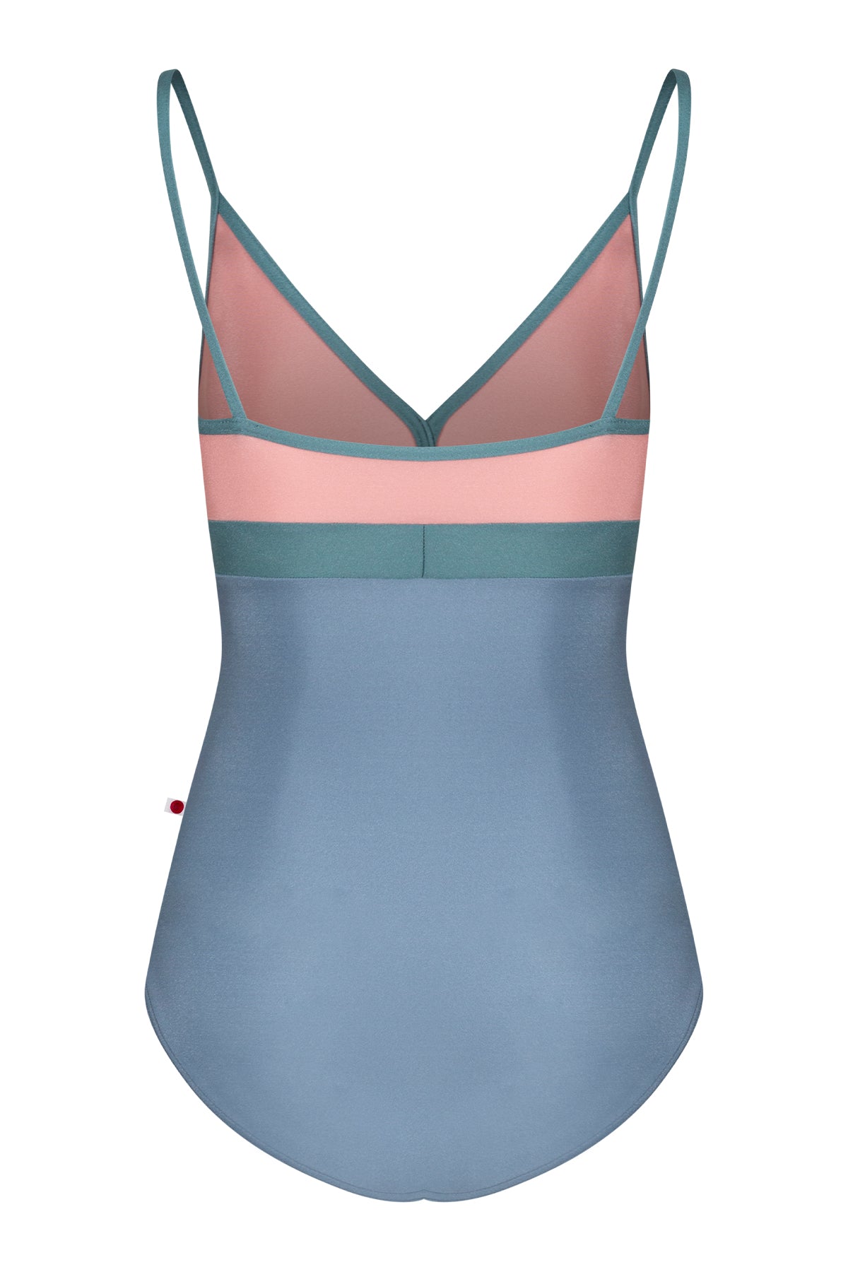 Zoe leotard, dusty-rose bust and blue-grey body with a teal waistband and thin teal straps, V-neck.