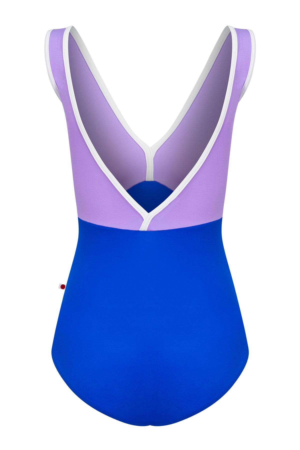 Alicia leotard, lilac body and royal-blue top with a white-trimmed V-neckline and straps.