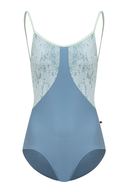 Amanda leotard, silver-grey shimmer body color and a dusty blue-grey top with sage-green thin straps.