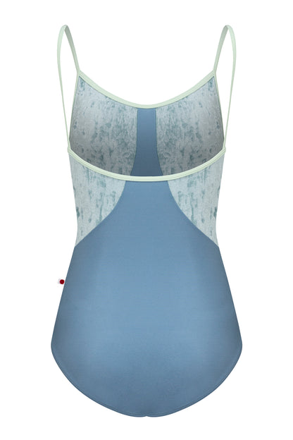 Amanda leotard, silver-grey shimmer body color and a dusty blue-grey top with sage-green thin straps.