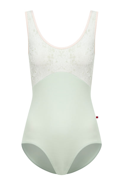 Anna Duo leotard, pistachio green body and a mint-green crushed velvet top with blush-pink trim, scoop neck.