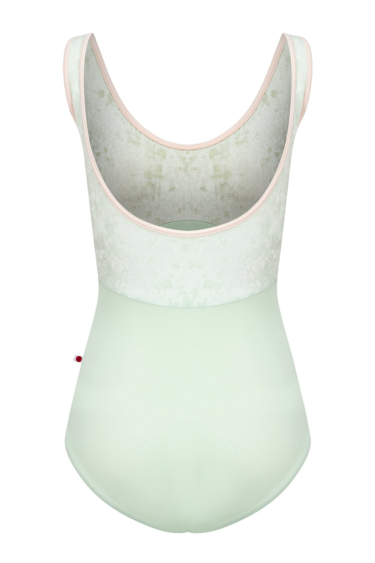 Anna Duo leotard, pistachio green body and a mint-green crushed velvet top with blush-pink trim, scoop neck.