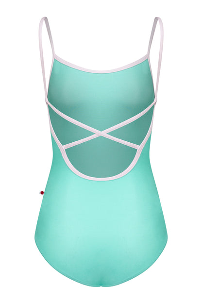 Daniela leotard, mint-green with pale-pink trim on the neckline and thin straps.