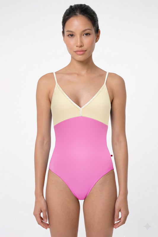 AI-generated model. Daria leotard, pink body with vanilla yellow top and crushed velvet vanilla yellow trim.