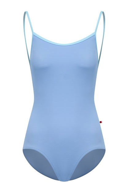 Heather leotard, soft cornflower-blue with turquoise trim on the neckline and thin straps.