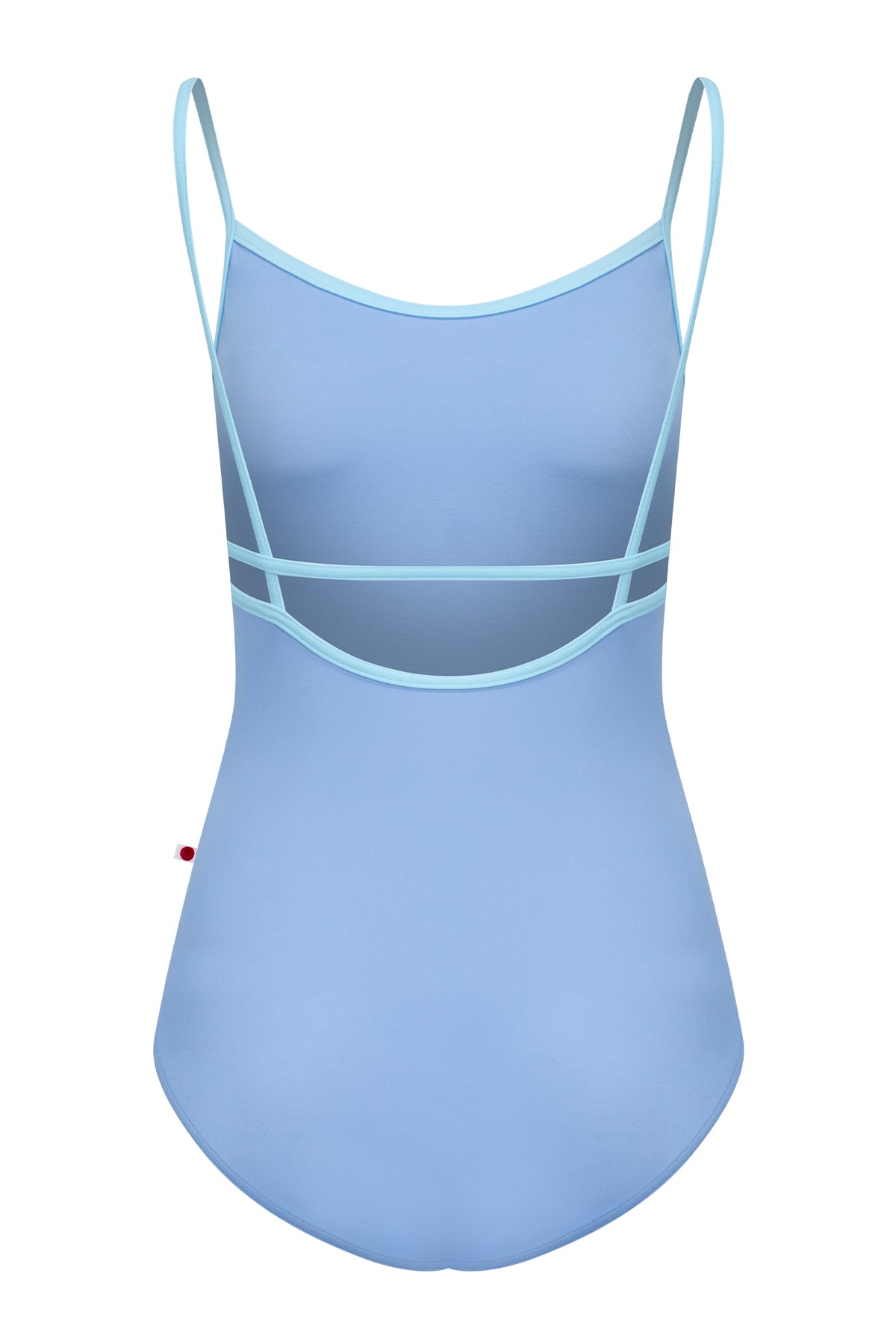 Heather leotard, soft cornflower-blue with turquoise trim on the neckline and thin straps.