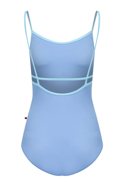 Heather leotard, soft cornflower-blue with turquoise trim on the neckline and thin straps.