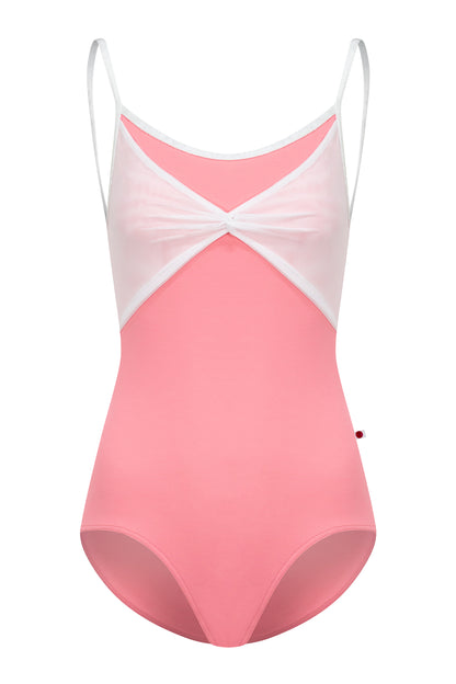 Kathy leotard, coral-pink with a gathered white mesh bust panel and white trim.