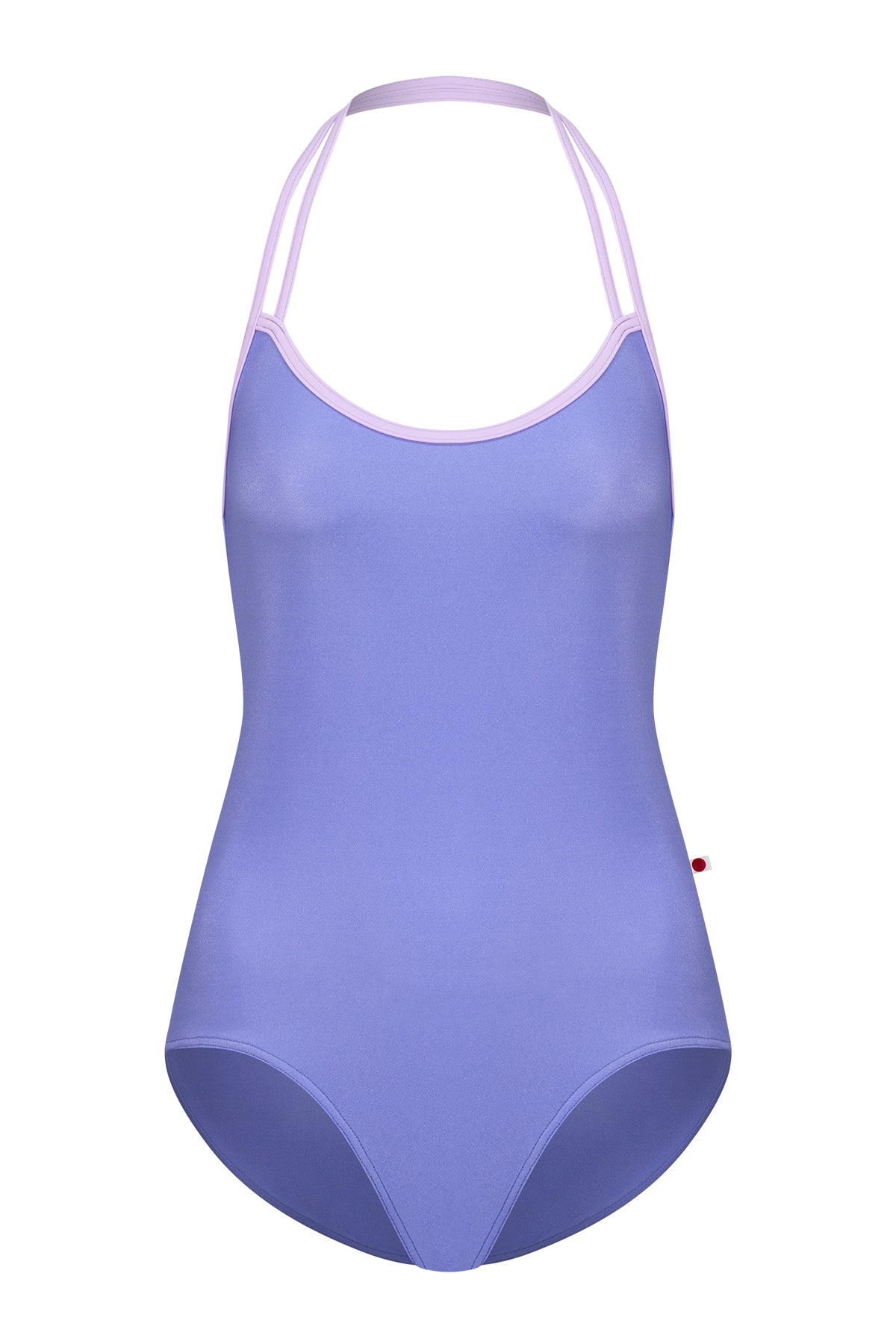 Lena leotard, periwinkle-blue with a strappy lavender halter neckline.