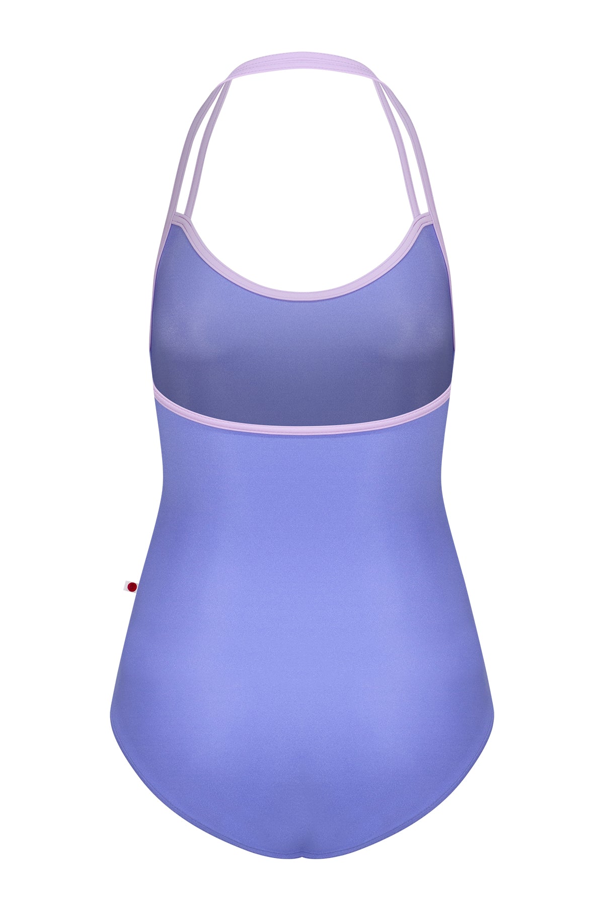 Lena leotard, periwinkle-blue with a strappy lavender halter neckline.
