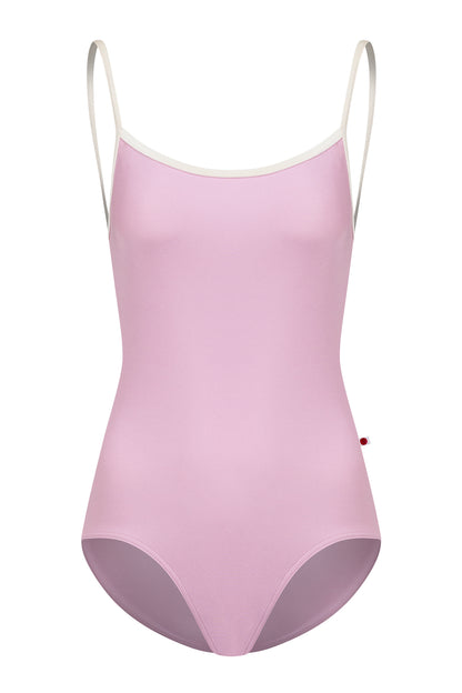 Marisa leotard, orchid-pink with butter yellow trim on the neckline and thin straps.