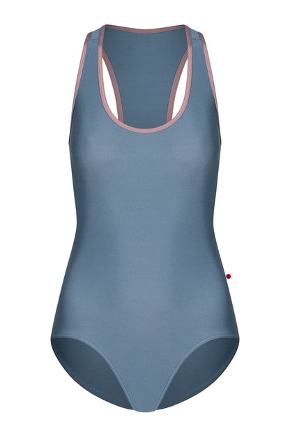 Alex leotard, slate-blue with a scoop neckline and dusty-pink trim, racerback straps.