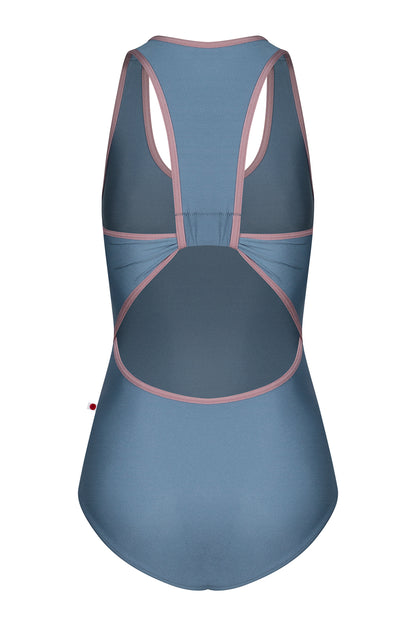 Alex leotard, slate-blue with a scoop neckline and dusty-pink trim, racerback straps.