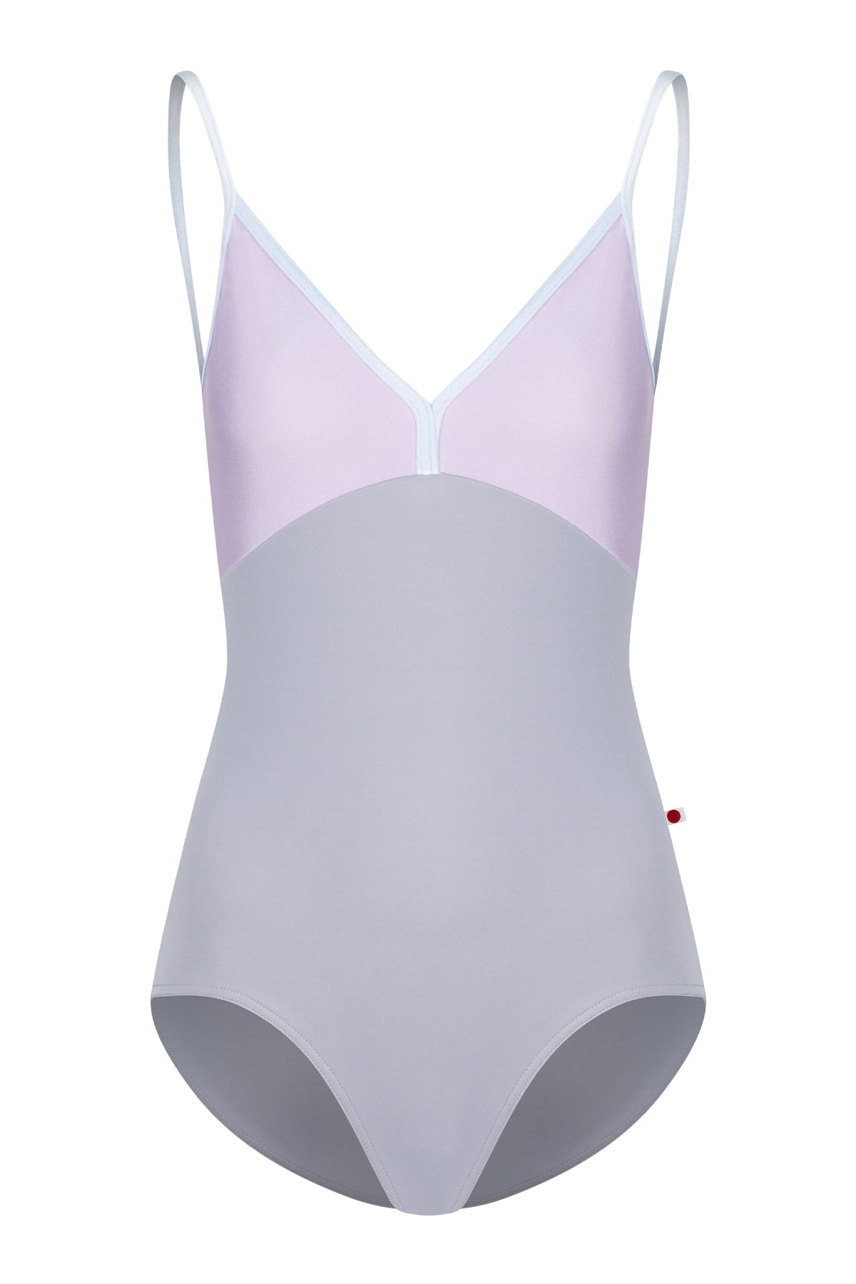 Daria leotard, lilac bodice and a grey body with a V-neckline and thin straps.