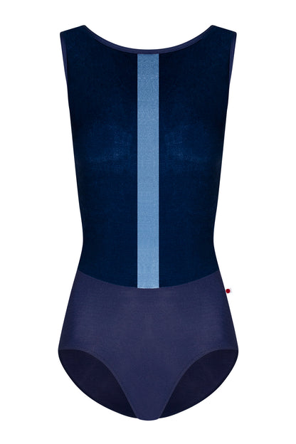 Didi leotard, navy with a pale-blue vertical centre stripe and a high boat neckline.