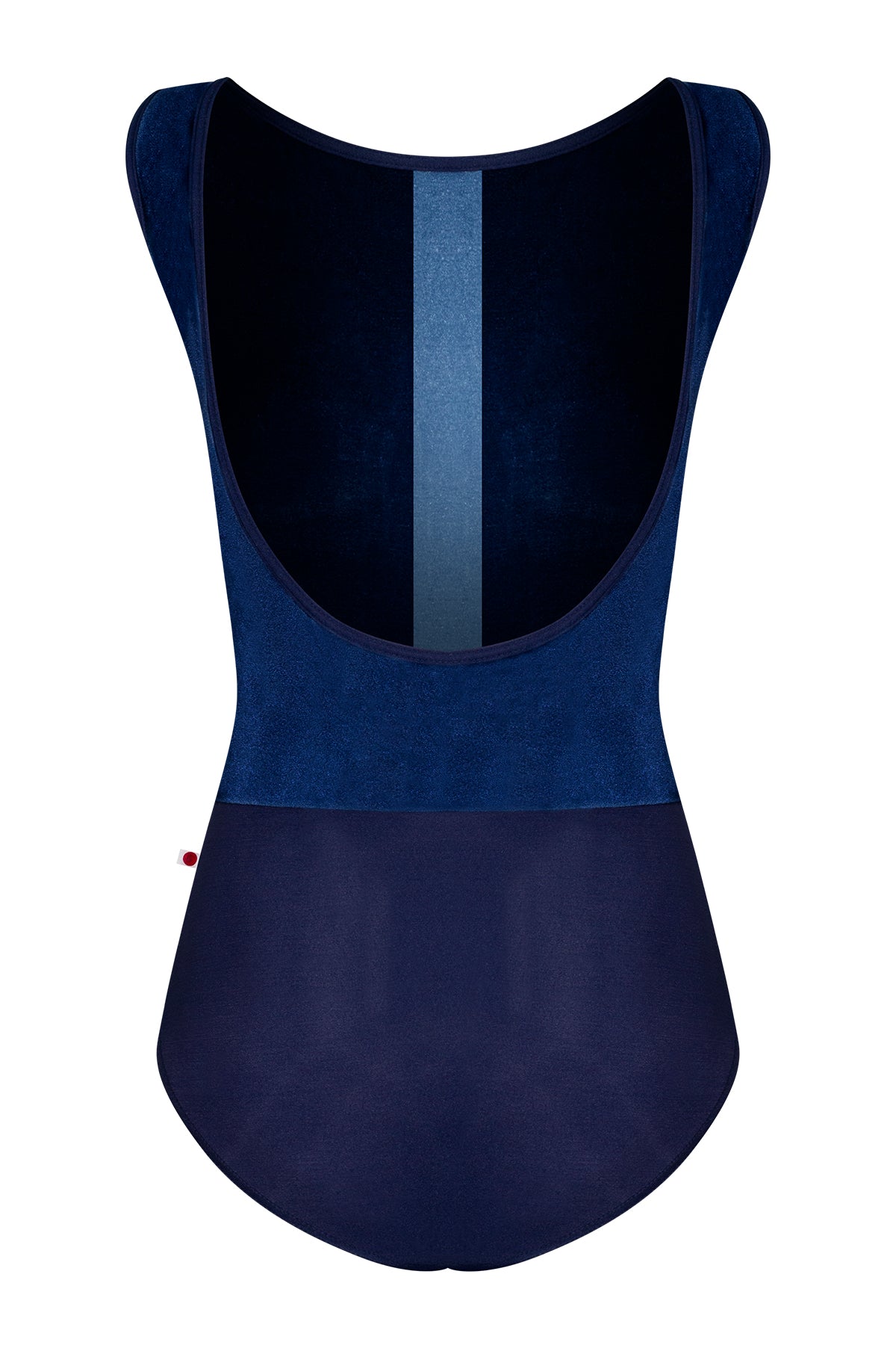 Didi leotard, navy with a pale-blue vertical centre stripe and a high boat neckline.