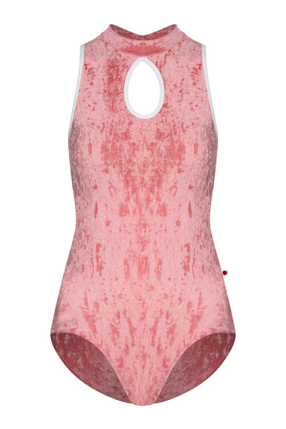 Elise leotard, dusty-rose crushed velvet with a high neck and teardrop keyhole, white trim.