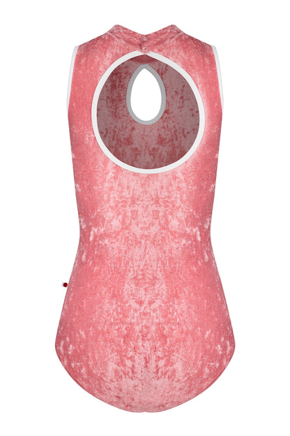 Elise leotard, dusty-rose crushed velvet with a high neck and teardrop keyhole, white trim.