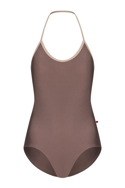 Kate leotard, mauve-taupe with a scoop neckline and strappy back.