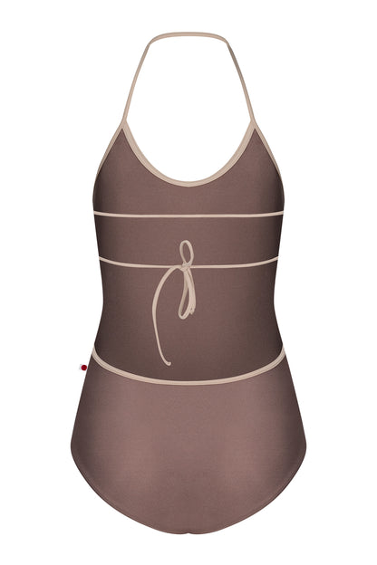 Kate leotard, mauve-taupe with a scoop neckline and strappy back.