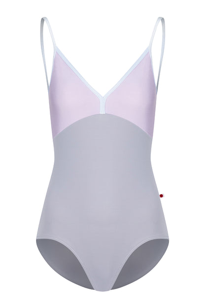 Kids Daria leotard, lilac bodice and a grey body with a V-neckline and thin straps.