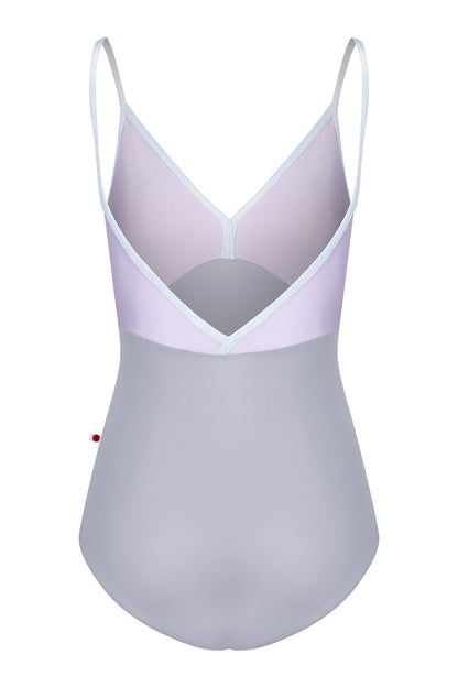 Kids Daria leotard, lilac bodice and a grey body with a V-neckline and thin straps.