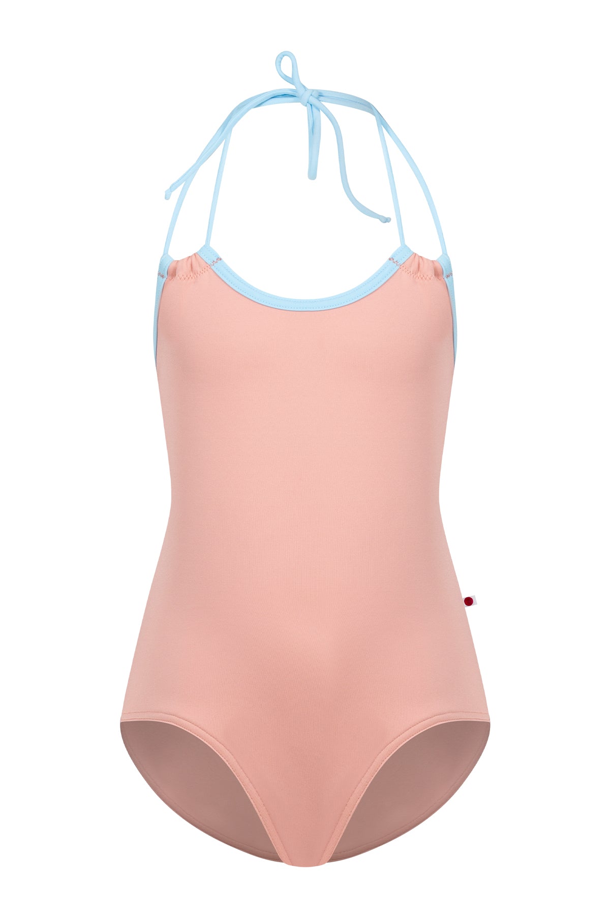 Kids Lilia leotard in blush-pink with a contrasting pale-blue neckline trim.