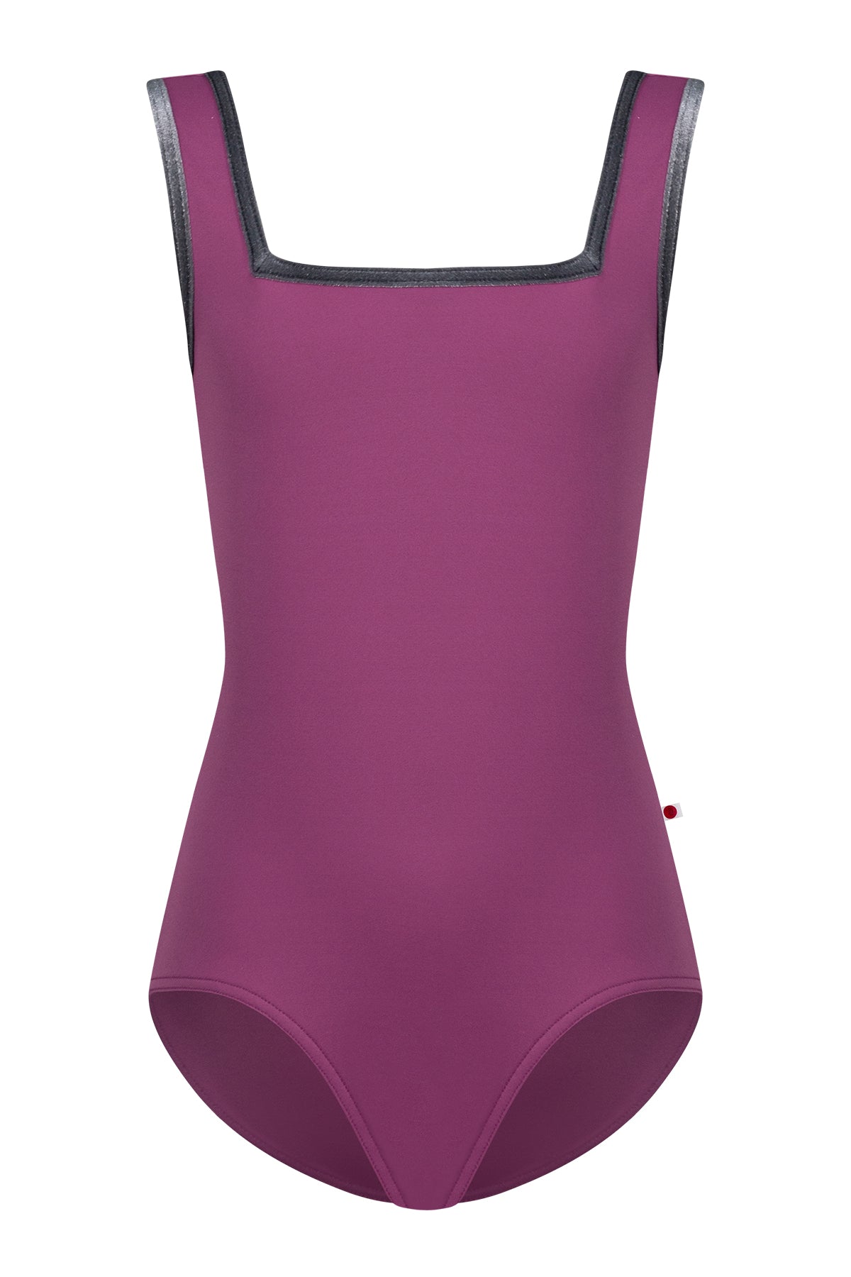 Kids Marieke leotard, magenta-purple with  a square neck, and grey trim.
