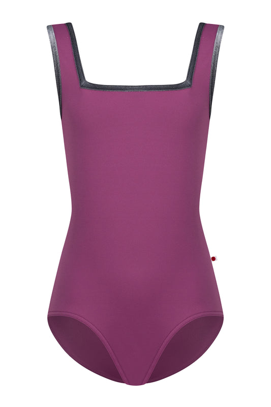 Kids Marieke leotard, magenta-purple with  a square neck, and grey trim.