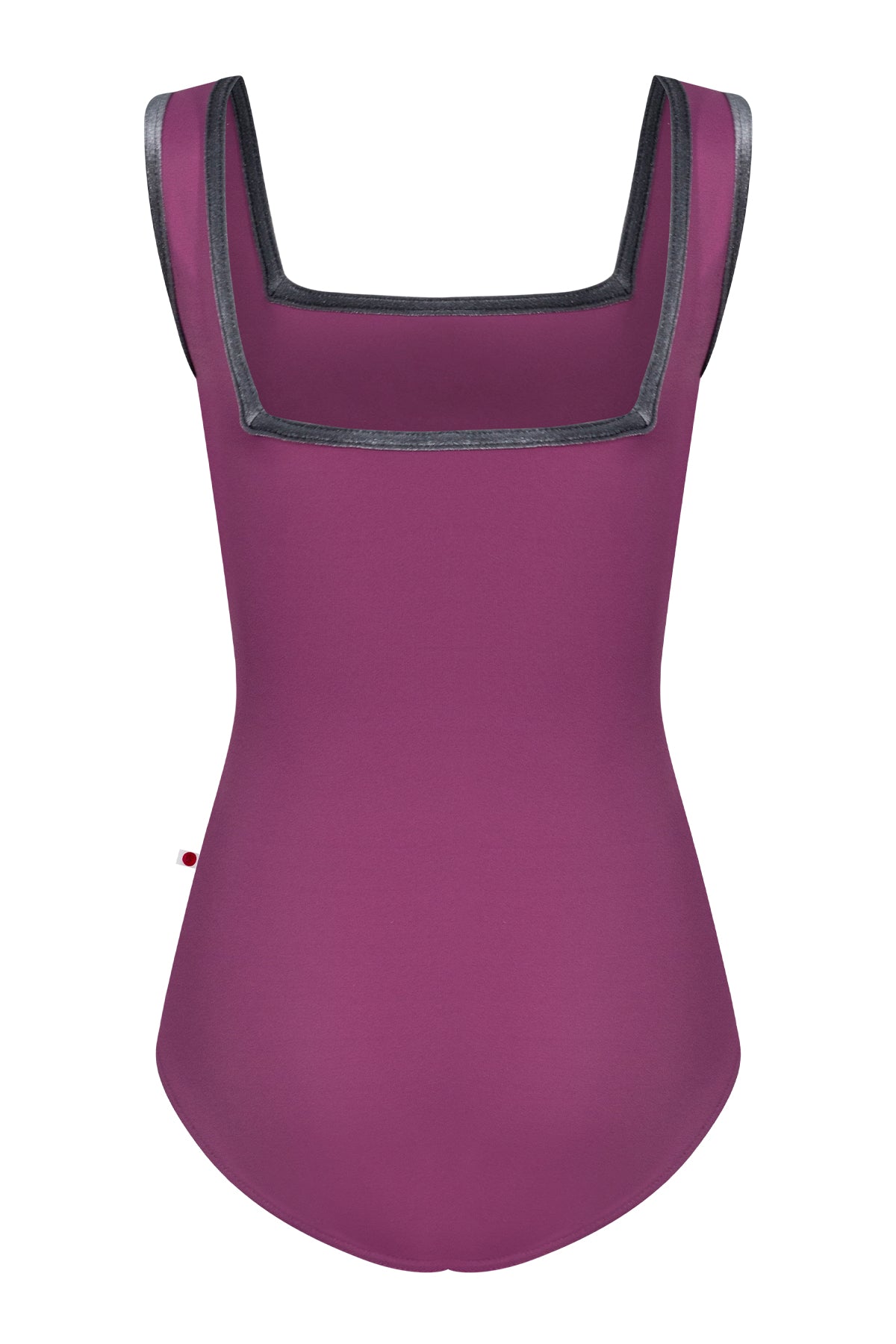 Kids Marieke leotard, magenta-purple with  a square neck, and grey trim.