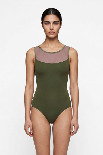 AI-generated model. Meagan leotard, olive-green with a sheer mesh upper and round neckline.