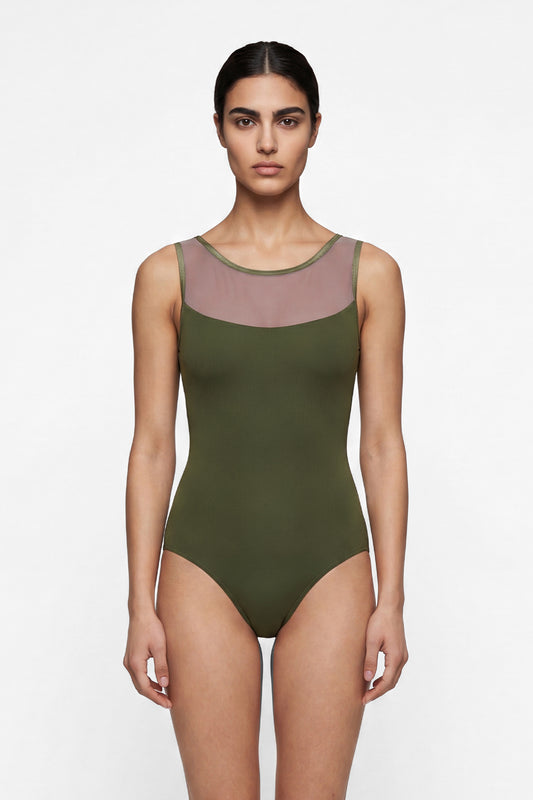 AI-generated model. Meagan leotard, olive-green with a sheer mesh upper and round neckline.