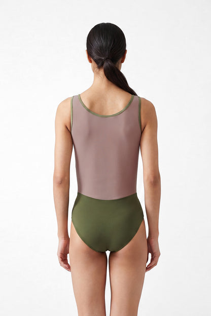 AI-generated model. Meagan leotard, olive-green with a sheer mesh upper and round neckline.