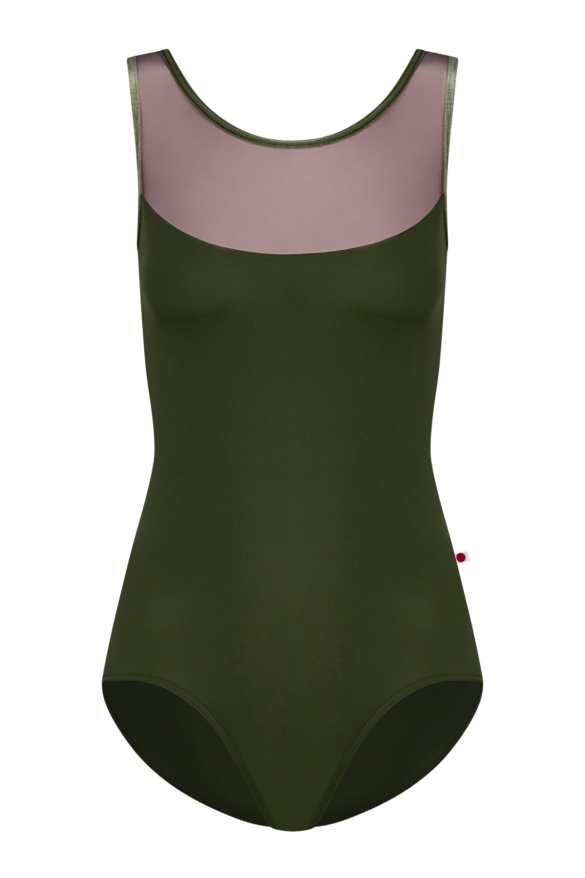 Meagan leotard, olive-green with a sheer mesh upper and round neckline.