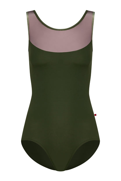 Meagan leotard, olive-green with a sheer mesh upper and round neckline.