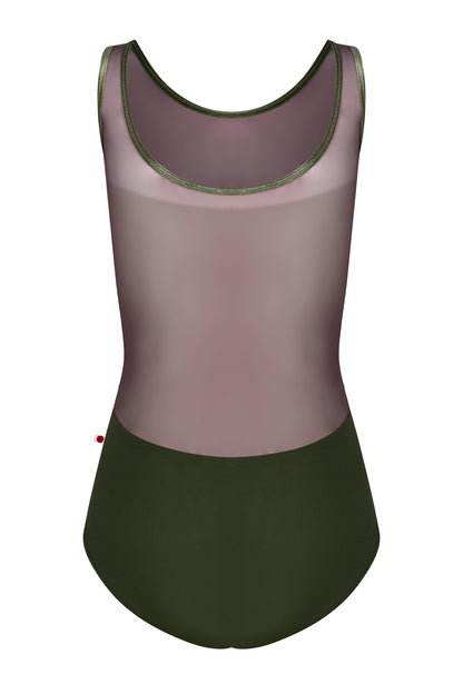 Meagan leotard, olive-green with a sheer mesh upper and round neckline.