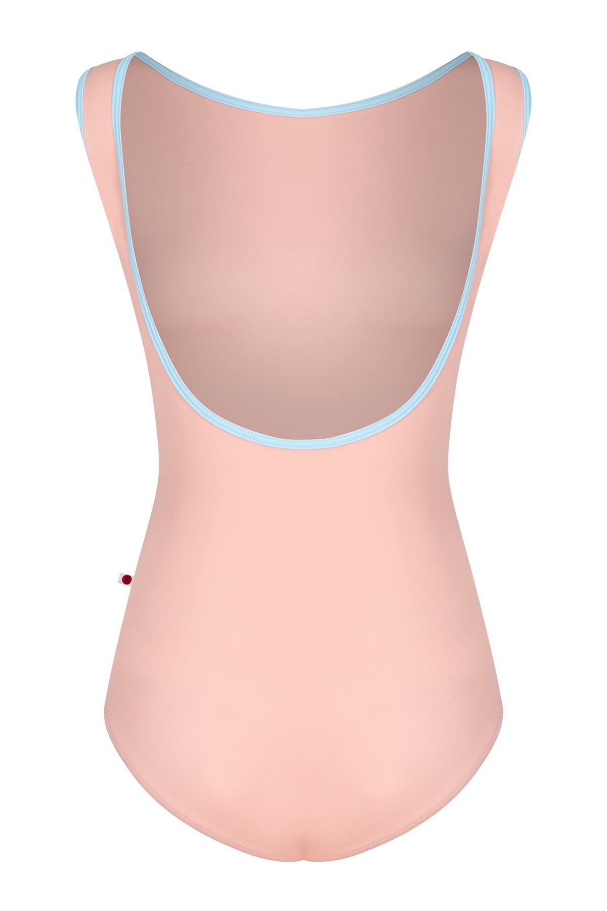 Sofiane leotard, blush-pink with a contrasting pale-blue neckline trim.