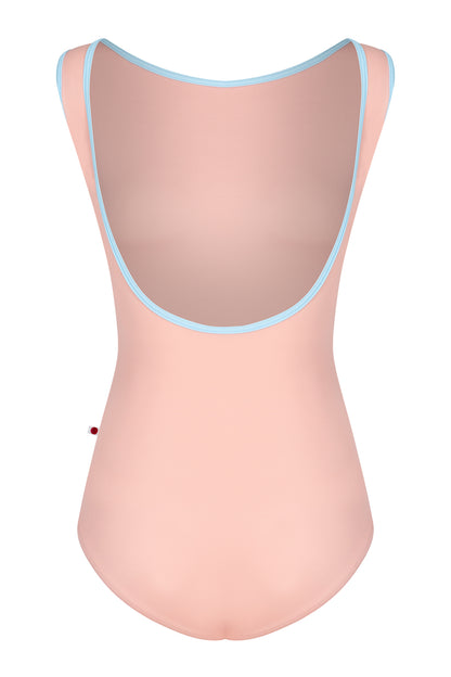 Sofiane leotard, blush-pink with a contrasting pale-blue neckline trim.