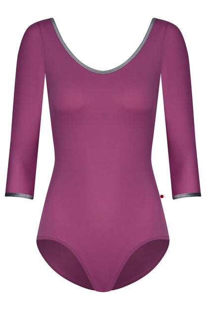 Veronique leotard, magenta-purple with three-quarter sleeves, a scoop neck, and grey trim.