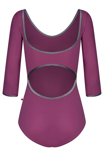 Veronique leotard, magenta-purple with three-quarter sleeves, a scoop neck, and grey trim.