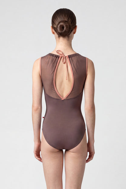AI-generated model. Paris leotard in Phantom, mocha-brown with a sheer gathered mesh boat neckline. 